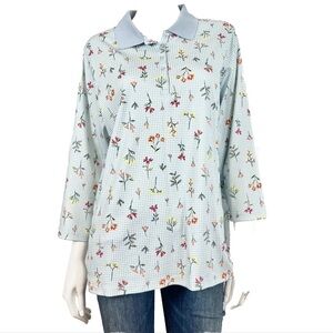 Lands' End size Large Floral Polo with Blue Collar